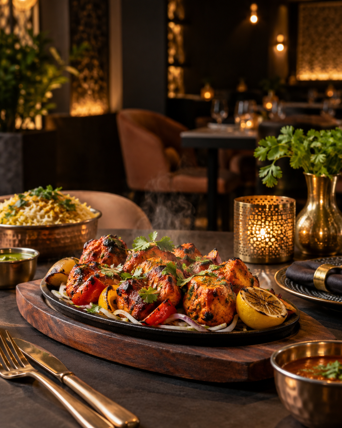 A plated Indian sizzler on a restaurant table